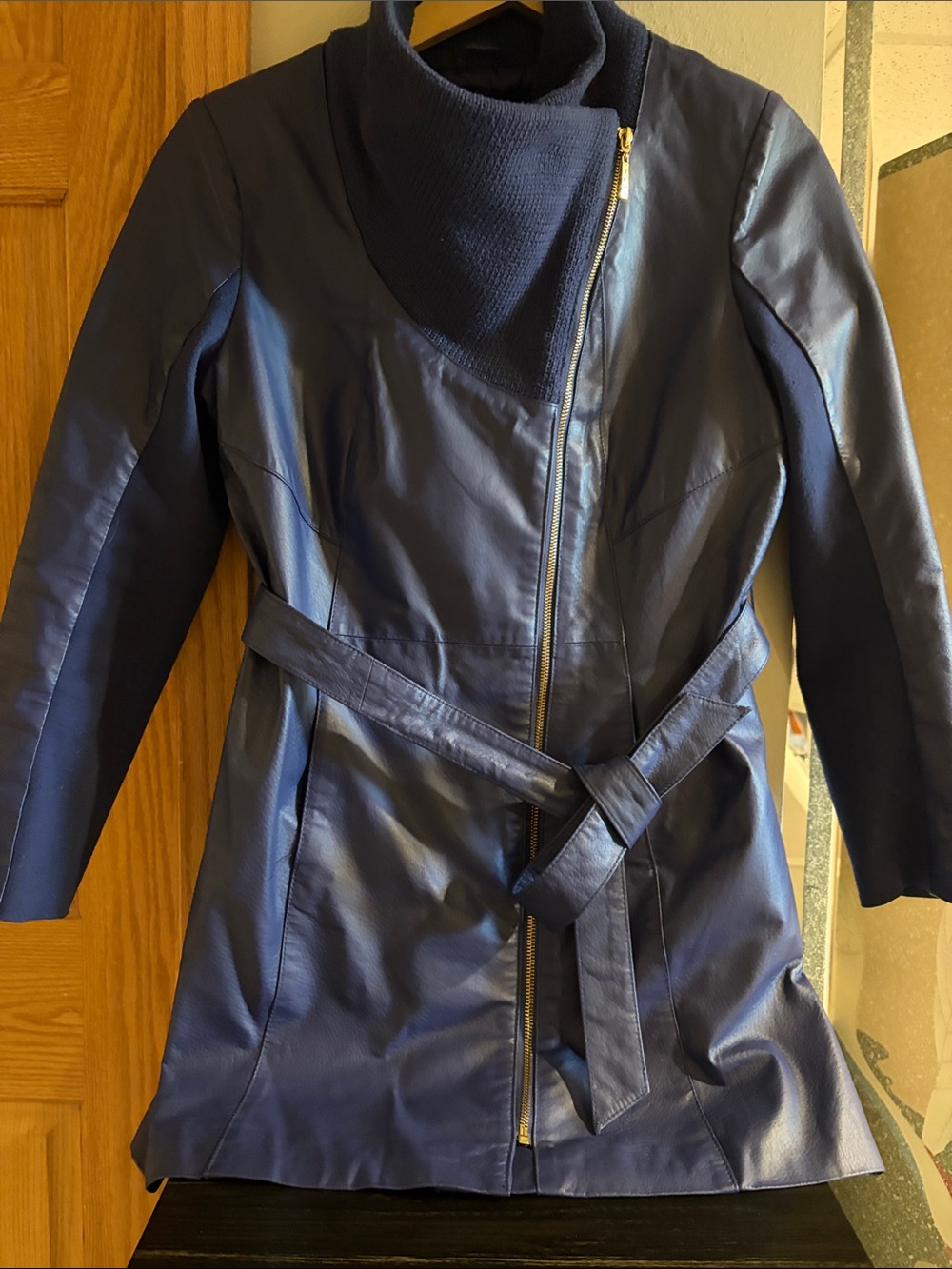 IMAN Navy genuine Leather Belted Trench with Knit Funnel Collar